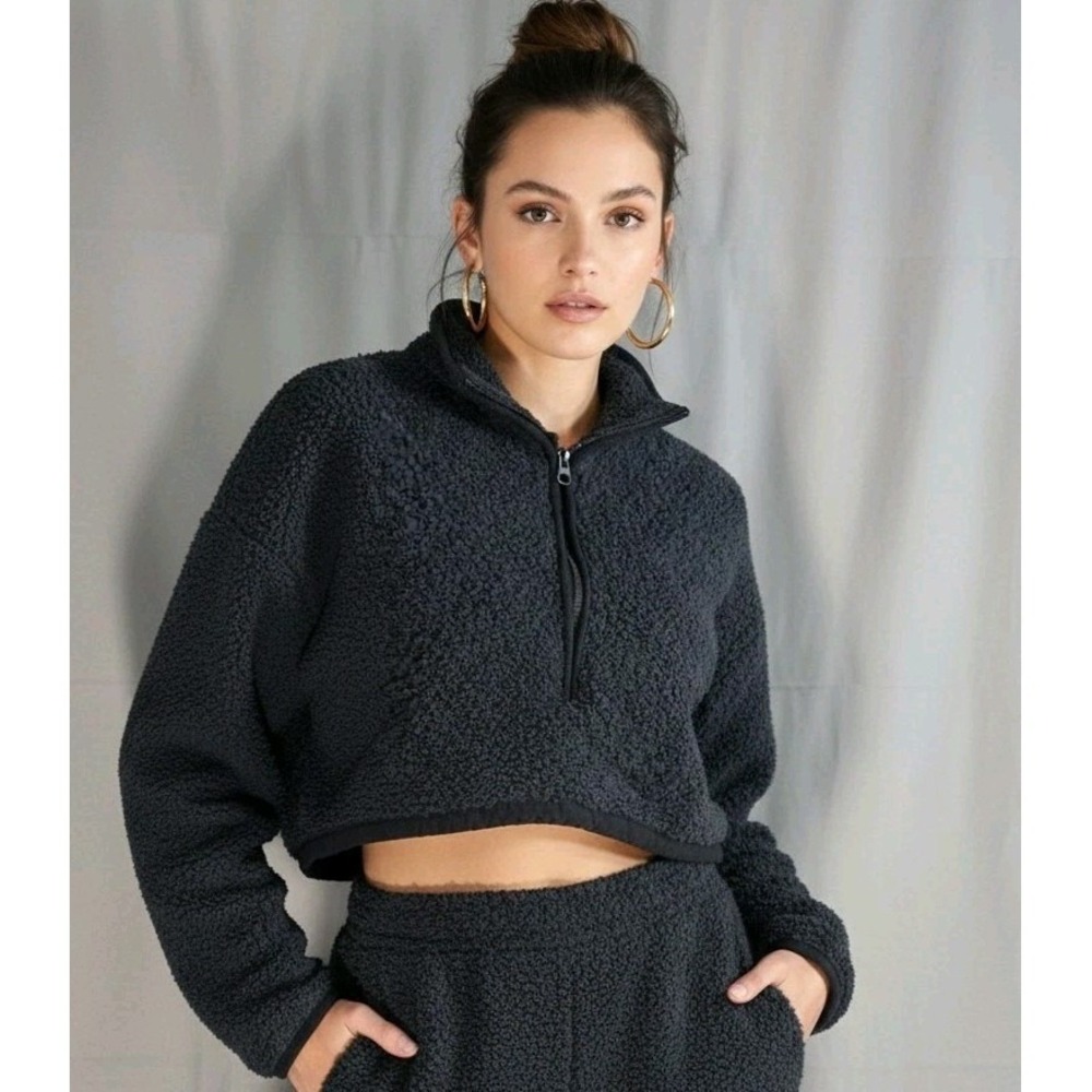 SKIMS Teddy Half Zip Cropped Pullover Fleece XXS/XS Charcoal Gorpcore